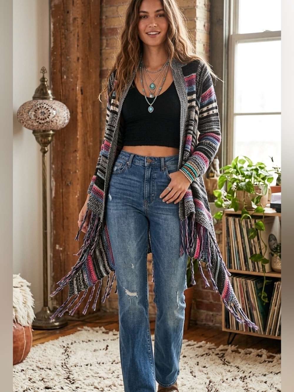 Indie Boho Knit Fringe Cardigan Open Front Striped Tribal Festival Sweater S/M